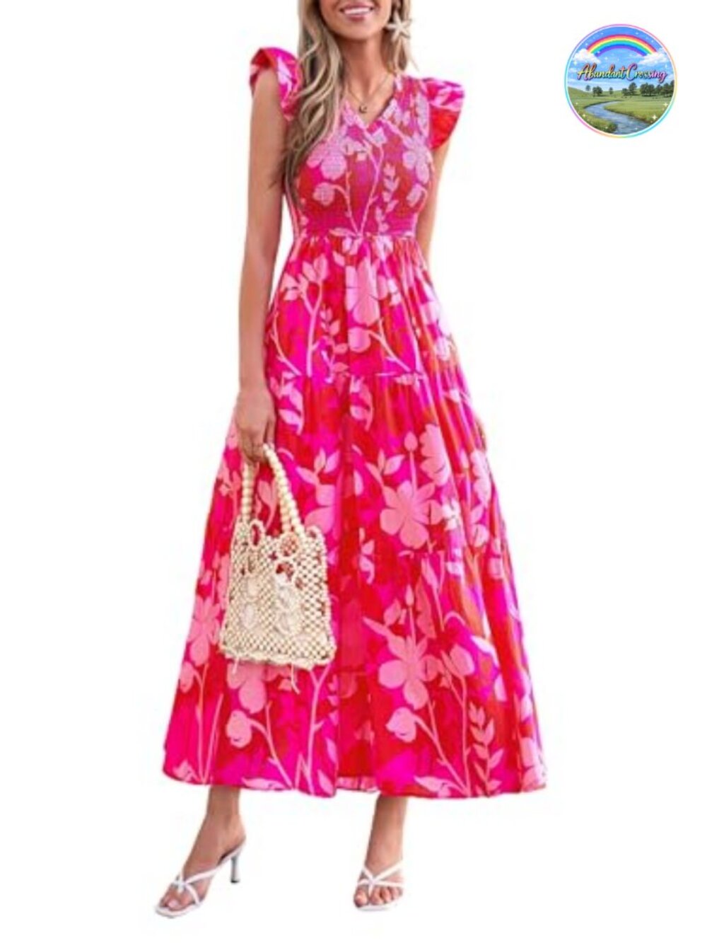 Women's Smocked Floral Maxi Dress V-Neck A-Line Cotton Casual